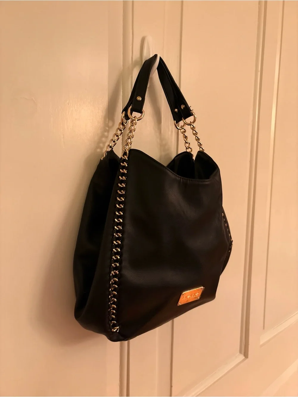BEBE Colette Black Hobo Shoulder Bag Gold Chain Hardware Large Purse Tote NWOT